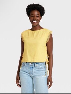 Sleeveless Yellow Lace-Trim Side-Tie Top